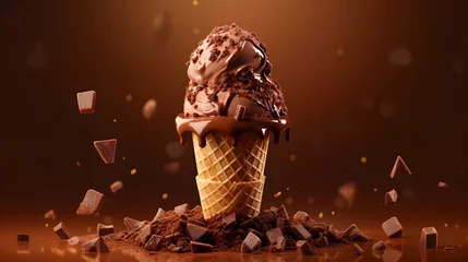 Foto auf Alu-Dibond Chocolate ice cream scoops. Noir chocolate explosion splash, ball with cone on dark background. Illustration for banners landing pages and web pages with summer motifs. Menu recipe. Generative AI  © pawczar
