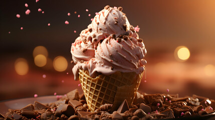 Chocolate ice cream scoops. Noir chocolate explosion splash, ball with cone on dark background. Illustration for banners landing pages and web pages with summer motifs. Menu recipe. Generative AI
