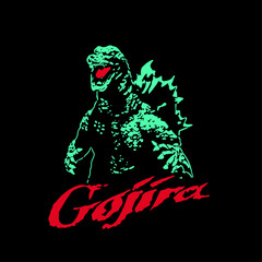 Godzilla Vector graphic T shirt design. Monster Dinosaur lettering Japanese spelling red title. Download it Now