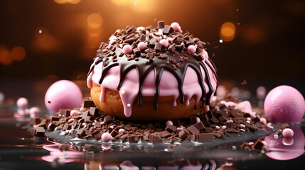 Dark chocolate ice cream and donut with topping. Explosion splash ice cream ball against dark pink background. Illustration for banners, landing pages and web pages with summer motifs. Generative ai.