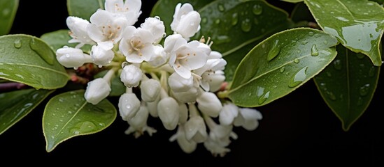 In the serene garden, the beautiful white flowers of the Prunus Laurocerasus, commonly known as Cherry Laurel, add a touch of wintergreen to the landscape, but careful consideration must be taken as