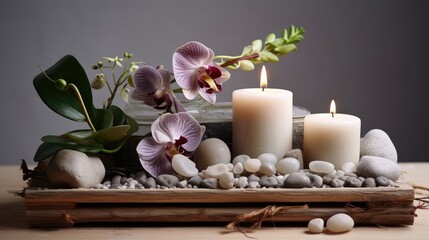 purple composition - candles, stones, orchids.AI generated.