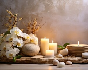 Spa still life with white orchid, candles and stones. AI generated.