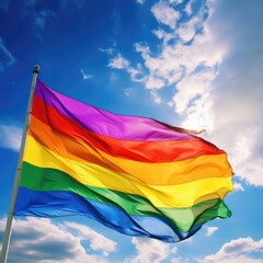Rainbow flag, symbol of the LGBT community, fluttering in the wind. AI generated.