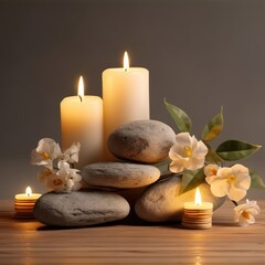 Fototapeta na wymiar Zen basalt stones, orchid and candles, lifestyle, AI generated.