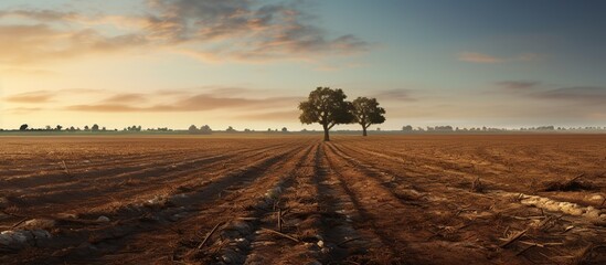 Scenic a field with trees and dirt way on sunset view. AI generated image - obrazy, fototapety, plakaty