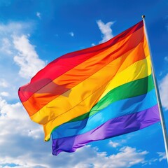 Rainbow flag proudly waving на фоне неба, AI generated.