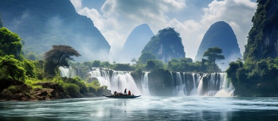 Cascade human fishing on boat with natural rural landscape. AI generated image - obrazy, fototapety, plakaty