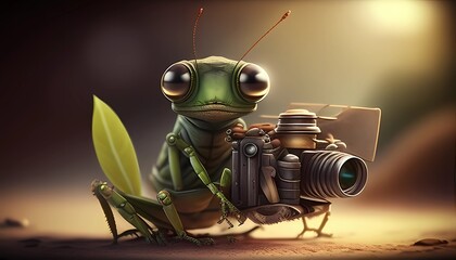 Focus on Mantis Toboggan: A Whimsical Digital Art Illustration of a Frog Wearing a Butterfly Costume and Taking a Picture of a Butterfly - obrazy, fototapety, plakaty