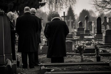 Naklejka premium Burial with relatives in black and white