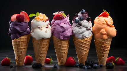 Ice cream cones with fruit yogurt, vanilla, natural yogurt and marshmallow flavors, isolated on black dark background, summer dessert, generative ai