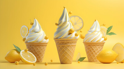 Lemonade lemon ice cream. Scoops of italian dessert with waffle cone on isolated background. Illustration for banners, landing pages and web pages with summer motifs. Copy space. Generative AI - obrazy, fototapety, plakaty