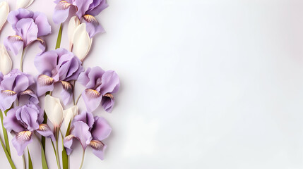 Bunch of purple iris flowers background, floral border against bright light background, top view. Layout for springtime holidays. Mother's day greeting card, generative ai