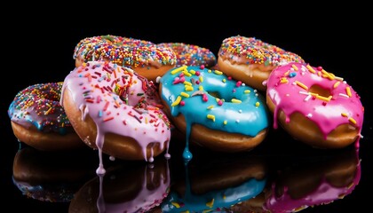 Fototapeta na wymiar Group of six whole donut with sprinkles isolated on black glass, Group of assorted donuts with chocolate frosted, pink glazed and sprinkles on black background