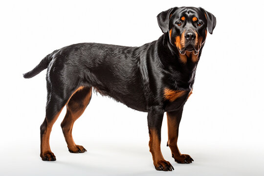 Rottweiler dog standing on a white background. Animal right-side portrait.