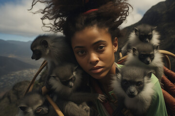 Une jeune fille accompagnée de ses fidèles lémuriens part à l'aventure de la montagne sauvage - obrazy, fototapety, plakaty