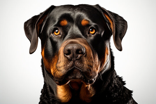 Rottweiler dog close-up portrait on a white background.