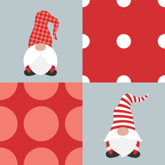Set of seamless geometric patterns with polka dots, Christmas gnomes. Template for paper, fabric, textile, poster, postcard. Vector illustration on isolated background in modern style.