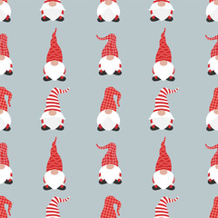 Seamless pattern with Christmas gnomes. Merry Christmas Happy New Year. Template for paper, fabric. Vector illustration on isolated background in modern style.