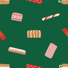 Seamless pattern with Christmas gifts. Merry Christmas, Happy New Year. Template for paper, fabric, textile. Vector illustration on a green isolated background in a modern style.