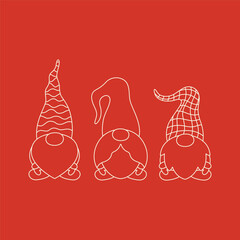 Christmas gnomes. Merry Christmas Happy New Year. Template for card, poster, banner, paper, fabric. Vector illustration on a red isolated background in a modern style.