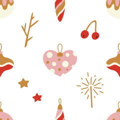 Seamless pattern with Christmas tree toys, berries, twigs. Template for paper, fabric, textile. Vector illustration on a white isolated background in a modern style.