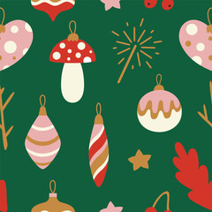 Seamless pattern with Christmas tree toys, berries, twigs. Template for paper, fabric, textile. Vector illustration on isolated background in a modern style.