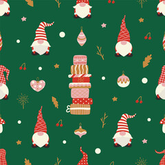 Seamless Christmas pattern. Gifts, Christmas tree decorations, gnomes, stars, branches, berries. Template for paper, fabric, textile. Vector illustration on isolated background in modern style.