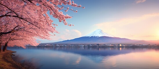 Mount of Fuji with lake and cherry blossom tree in sunny day. AI generated image - obrazy, fototapety, plakaty