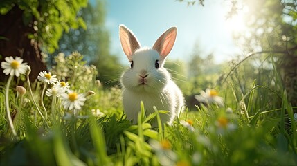In the sunny summer garden, surrounded by lush green grass, a young and cute white rabbit happily hops around, embodying the natural and funny aspects of life in the great outdoors during Easter and