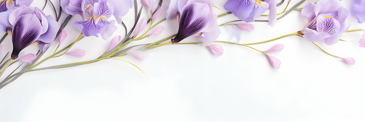 Fototapeta premium Bunch of purple iris flowers background, floral border against bright light background, top view. Layout for springtime holidays. Mother's day greeting card, generative ai