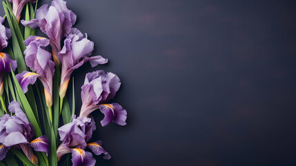 Bunch of purple iris flowers background, floral border against dark background, top view. Layout for springtime holidays. Mother's day greeting card, generative ai