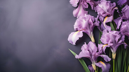 Bunch of purple iris flowers background, floral border against dark background, top view. Layout for springtime holidays. Mother's day greeting card, generative ai