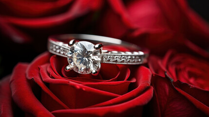 Close-up of a sparkling love promise ring cradled by the delicate curves of a rose. The perfect representation of a romantic bond.