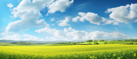 Green field of spring grass in blue sky at sunny day. AI generated image