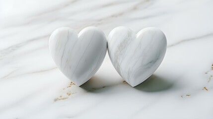 Fototapeta na wymiar Close up of two white Hearts on a white Marble Background. Romantic Backdrop with Copy Space