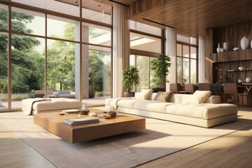 Modern villa with cream color and brown wood, modern interior design with large windows