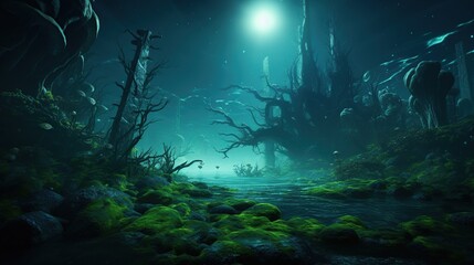 Exploration of an otherworldly aquatic landscape, showcasing mysterious creatures and bioluminescent flora. Crafted in a surreal art style, reminiscent of  imaginative worlds.