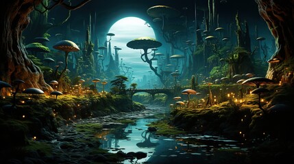 Obraz premium Exploration of an otherworldly aquatic landscape, showcasing mysterious creatures and bioluminescent flora. Crafted in a surreal art style, reminiscent of imaginative worlds.