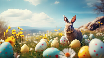 Horizontal AI illustration. Rabbit and Easter eggs in a meadow. Religions and cultures concept.
