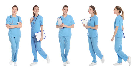 Medical nurse in scrubs on white background, set of photos
