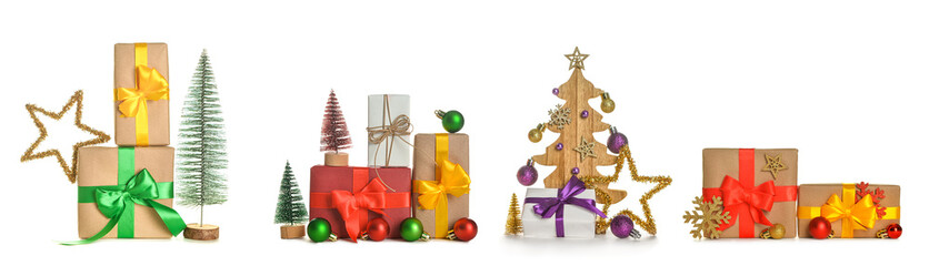Set of Christmas gift boxes and decorations on white background