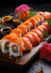 Japanese sushi, rolls, fish, salmon, sashimi, decor, meal, dinner, beautiful food, festive, restaurant, cafe, rice, nori, serving a dish, holiday, seafood, tuna, tasty treat, delicious