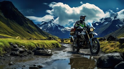 Fototapeta premium Photographs illustrating epic adventures, explorations, and discoveries in awe-inspiring landscapes, showcasing the thrill and beauty of adventure travel in a realistic style.