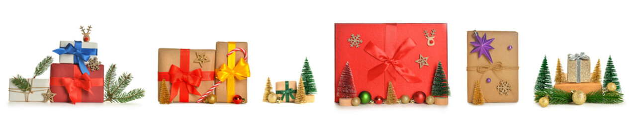 Set of different Christmas gift boxes and decorations on white background