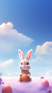 Vertical AI illustration. cartoon rabbit and easter eggs with sky background. Religions and cultures