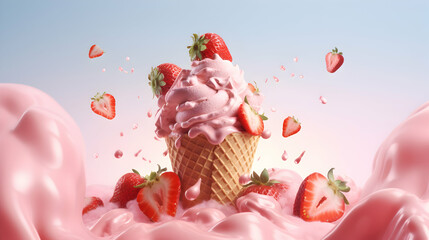 Strawberry ice cream. Scoops of italian dessert with waffle cone on isolated background. Illustration for banners, landing pages and web pages with summer motifs. Copy space. Generative AI - obrazy, fototapety, plakaty