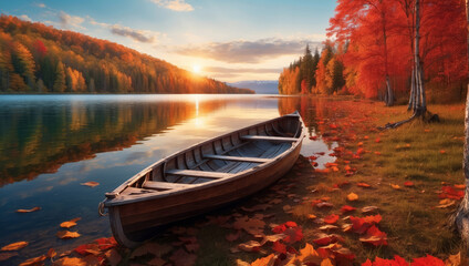 Wooden boat on the lake with stunning autumn views