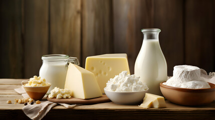 Dairy Products on wood background. Natural lighting, dairy products placed on a textured wooden background, milk and cheese, generative ai