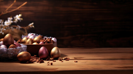 Illustration AI horizontal chocolate easter eggs on wooden Copy space table. Religions and cultures.